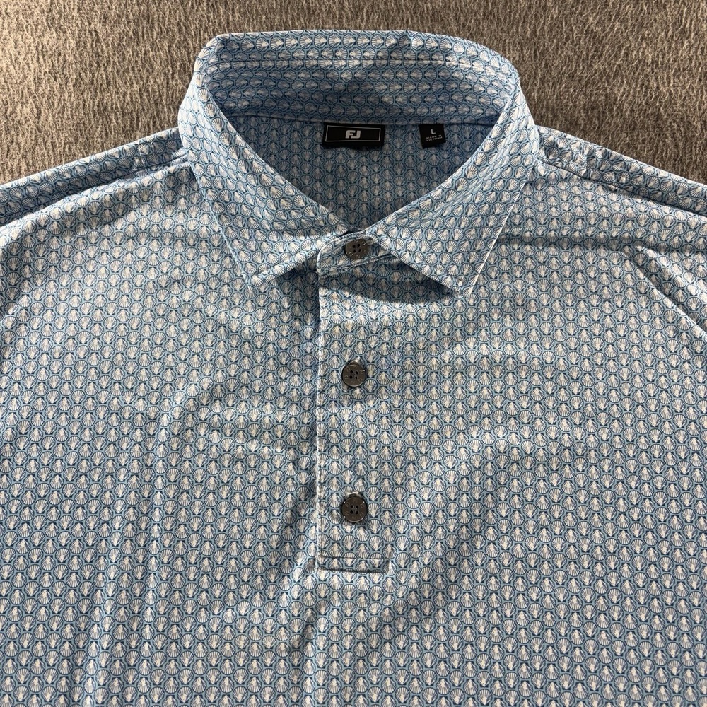 FootJoy Polo Shirt Mens Large Blue Sea Shell AOP Print Golf Short Sleeve Active